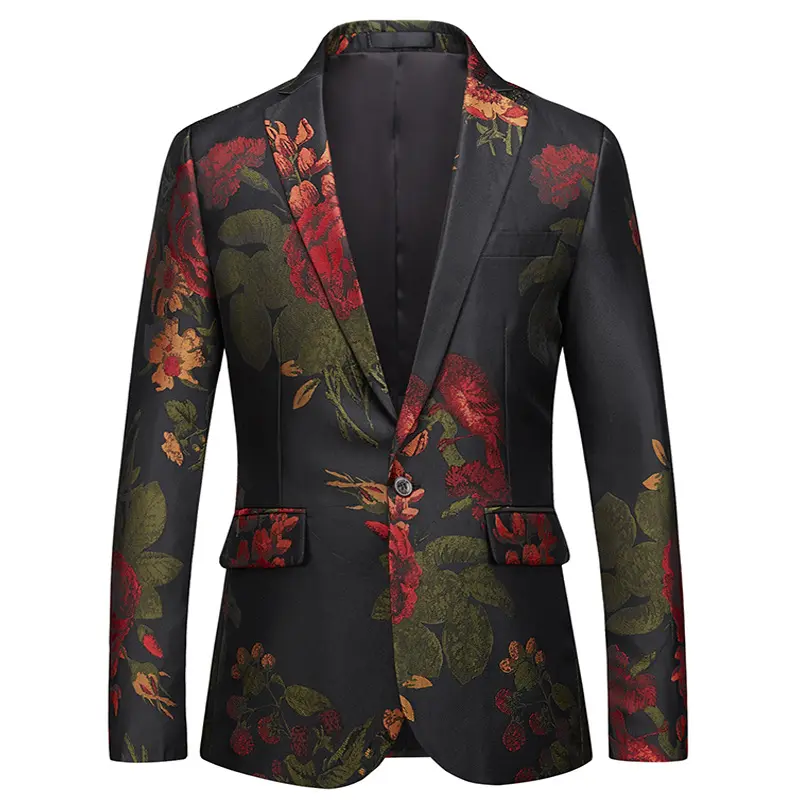 Business Casual Single Breasted Plus Size Men's Suits & Blazer Floral Printed Slim Fit Male Suit Jacket