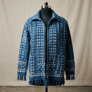 Chaqueta Azul con Estampado a Mano para Mujer, con Bolsillos Delanteros y Dobladillo con Borlas, Chaqueta Étnica de Algodón con Estilo - Product Image 1