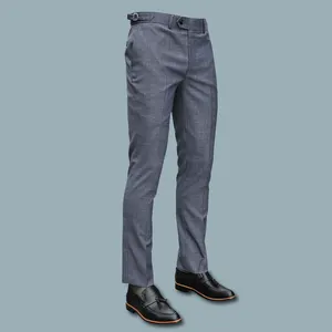 Pantalones de traje de hombre de lana a cuadros finos grises y azules, pantalones de Traje a cuadros formales informales de negocios con cintura de estilo de contracción elástica delgada para hombre