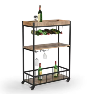 Carrito de Vino de Diseño Elegante, Colección Bar, en Hierro y Madera, Acabado Negro Mango, Material de Madera de Mango y Tubería Metálica, Precio al por Mayor - Product Image 1