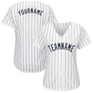 Anti-Bacterial Top Quality OMMiZ Sublimation Print Embroidery Logo WoMen's Custom White <b>Navy</b> Pinstripe V-Neck <b>Baseball</b> Jersey - Product Image 1