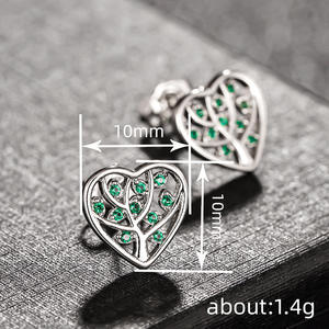 Orecchini a cuore placcati in argento con strass di cristallo verde per le donne, regalo romantico, gioielli, orecchini alla moda in lega - Product Image 5