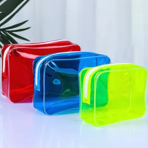 Bolsa de maquiagem em PVC para cosméticos de gelatina transparente personalizada de grande capacidade para armazenamento de produtos de higiene pessoal Bolsa de maquiagem transparente com zíper