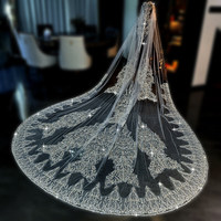 Voile de mariée de luxe Feishiluo avec appliques de perles et dentelle, bordure en dentelle à perles argentées, voile de mariée monocouche long avec peigne