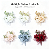 Boutonniere Bunga Mawar Putih Real Touch Berhias Mutiara dan Daun Hijau, Pita Satin, Ikat Tangan, untuk Pengiring Pria (Groomsmen) di Pesta Pernikahan
