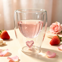 Tasse à thé en verre à double paroi, joli design cœur rose à l'intérieur, verre à double paroi résistant à la chaleur, vaisselle pour la maison et les cadeaux
