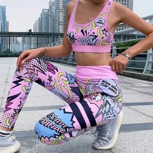 Atacado ginásio coletes à prova de senhoras-Conjunto de leggings estampadas feminino, conjunto duas peças camiseta estampa desenho animado yoga