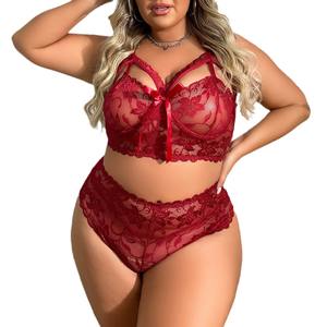 Dessous für Damen Sexy Hochwertige Zweiteilige Sets Übergröße Damenunterwäsche Mollige Sexy Dessous-Set Spitzen-BH mit Schleife und Slip - Product Image 1