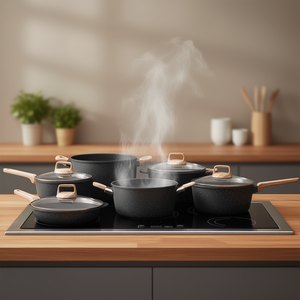 Juego de ollas y sartenes antiadherentes de granito para inducción, 17 piezas, color negro, con tapas de vidrio, mangos de madera, diseño moderno - Product Image 2