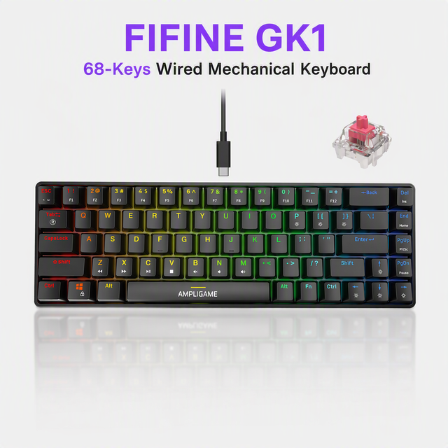 FIFINE GK1 68-Key Hot-Swap Mechanical Gaming Keyboard Red Switch Full NKRO 1000Hz RGB On-Board Macro USB-C for PC Laptop