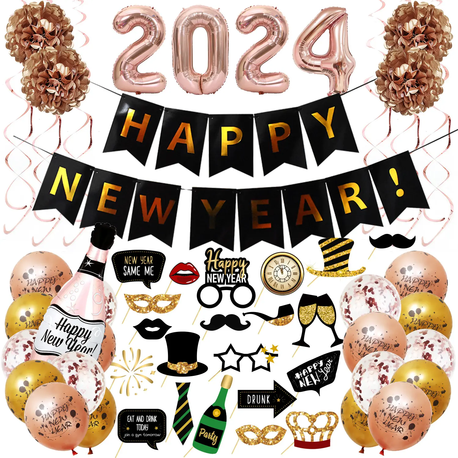 Feliz Año Nuevo 2024, conjunto de globos de papel de aluminio dorado rosa, pancarta de papel y accesorios para fotomatón, conjunto de decoración de fiesta de Año Nuevo