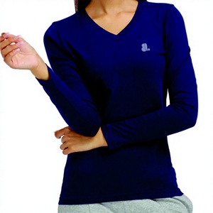 T-shirt pour femme à col en V, manches longues, couleur unie, respirant, non tissé, coupe classique, vêtement décontracté, bleu, 100% coton biologique, respectueux de l'environnement - Product Image 1