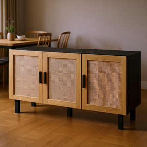 Buffet de style bohème avec 3 portes en rotin, étagères réglables pour salle à manger, meubles modernes pour la maison - Product Image 2