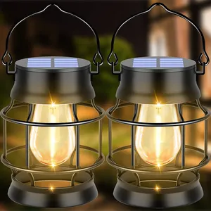 Solar Lantern Outdoor Metal Hanging Solar Lights For Waterproof Retro Design With Edison Bulb For Patio Porch Fence Garden Lawn