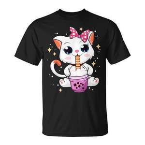 Camiseta Kawaii de Gato Anime Neko con Diseño Personalizable de Bebida Boba, Té de Burbujas y Tapioca para Niños - Product Image 1