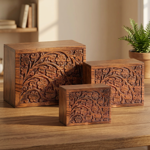 Carved Wooden Urn Box Floral Pattern Memorial <b>Keepsake</b> Cremation <b>Ash</b> Holder Decorative Funeral Supply - Product Image 3