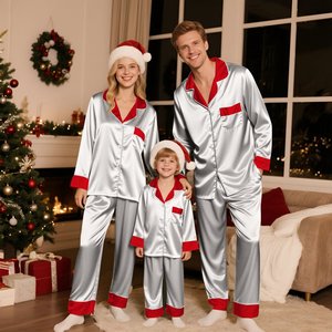 Conjunto <span class=keywords><strong>de</strong></span> Pijamas Familiares <span class=keywords><strong>de</strong></span> Satén <span class=keywords><strong>de</strong></span> Color Sólido con Logotipo Personalizado, Pijamas a Juego para Padres e Hijos, Ropa <span class=keywords><strong>de</strong></span> Dormir Familiar - Product Image 6