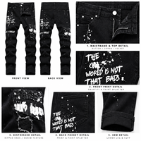 Jeans pour hommes noirs OEM ODM, imprimé lettres graffiti, denim déchiré, effet vieilli, streetwear, coupe slim