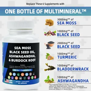 Extrait de mousse de mer efficace complément à base de plantes ashwagandha huile de graine noire racine de bardane capsules de mousse de mer végétaliennes biologiques personnalisées