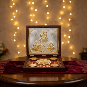 Ensemble de cadeaux religieux hindous de luxe faits à la main, idoles multi-pièces plaquées or sculptées Lakshmi Saraswati Ganesh, art de mariage écologique - Product Image 2