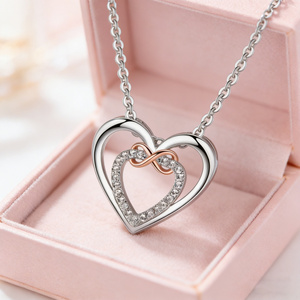 <span class=keywords><strong>Collana</strong></span> alla Moda in Rame con Zirconi Intarsiati a Doppio <span class=keywords><strong>Cuore</strong></span> <span class=keywords><strong>Infinito</strong></span> per Anniversario e Uso Quotidiano, Abbinabile per Coppie - Product Image 1