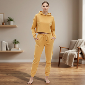 Ensemble jogging unisexe vintage avec logo personnalisé imprimé, en molleton de coton 100%, deux pièces, pull à capuche court et pantalon de jogging, style streetwear - Product Image 1