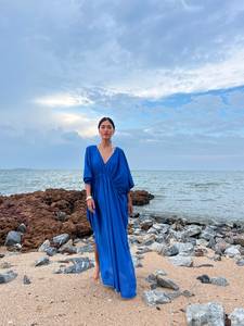 Blue Maxi Cotton <b>Dress</b> With V Neck <b>Long</b> Sleeves Drawstring Waist Flowing Silhouette Side Slit Relaxed Resort Style Kaftan <b>Dress</b> - Product Image 6