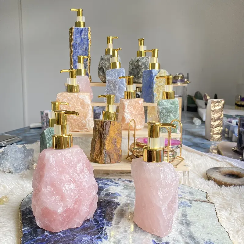 Cristal de guérison Rose Quartz Vert Aventurine Shampooing Bouteille Naturel Irrégulier Pierre Brute Distributeur De Savon Bouteille À Pompe