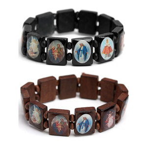 Braccialetti Elastici Religiosi con Blocchi di Legno Quadrati, Smaltati Colorati, 12 Immagini, Cattolici Cristiani, Santa Maria, Gesù, <span class=keywords><strong>Rosario</strong></span> - Product Image 1