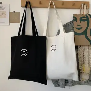 Sac fourre-tout de Shopping en toile de coton Simple avec visage souriant de grande capacité avec Logo imprimé personnalisé