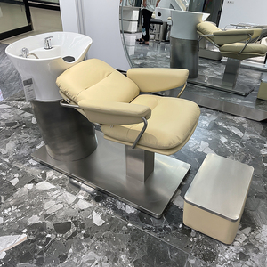 Sillón de Peluquería Moderno Semi-Reclinable con Lavabo de Cerámica, Estructura de Acero Inoxidable y Cuero, Reposapiés Ajustable - Product Image 3