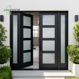 Porte d'entrée moderne en bois <span class=keywords><strong>de</strong></span> chêne et d'acajou avec 2 panneaux latéraux pour entrée <span class=keywords><strong>de</strong></span> maison, inserts en verre, portes extérieures doubles en bois massif - Product Image 2