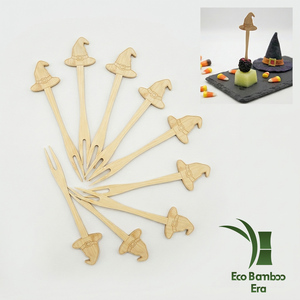 Fourchettes à fruits en bambou au design chapeau de sorcière, fournitures pour fête d'Halloween, pics à apéritif, certifiées CE 1935/2004 DGCCRF - Product Image 1