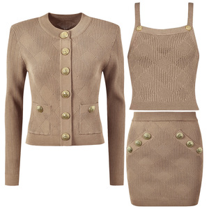 Conjunto de tres piezas de cárdigan de punto informal de una sola botonadura con cuello redondo elegante a la moda para <span class=keywords><strong>mujer</strong></span> de fabricante <span class=keywords><strong>al</strong></span> <span class=keywords><strong>por</strong></span> <span class=keywords><strong>mayor</strong></span> - Product Image 6