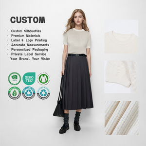 เสื้อสเวตเตอร์ถักไหมพรมคอกลมสีเบจแขนสั้นสำหรับผู้หญิงแบบขายส่งสั่งทำพิเศษ, เสื้อถักลายริบแบบโปร่ง - Product Image 1