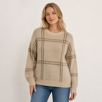 Pull en tricot à carreaux pour femme Joydressing, col rond, manches longues, décontracté, pour la vente en gros aux boutiques