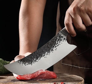 Double acier cuir chevelu manche en bois gris grand couteau incurvé forgeage à la main abattage division coupe boeuf et mouton couteau de boucher - Product Image 5