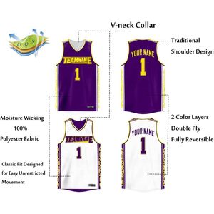 Maillot de basket-ball réversible personnalisé en mesh respirant, uniforme de performance avec nom et numéro personnalisés, col en V, anti-humidité pour homme et garçon - Product Image 2