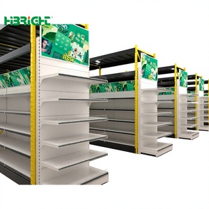 Système d'étagères de supermarché verticales jaunes haute luminosité avec corps blanc et solution de bannière publicitaire supérieure - Product Image 1