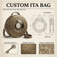 Sac à bandoulière Ita Bag Steampunk personnalisé avec montre de poche, finition laiton antique, tirette de fermeture éclair à clé, doublure mécanique, et présentoir esthétique pour épingles