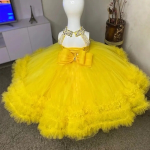 Abiti da compleanno gialli per bambine, personalizzati con collo alto e perline, per damigelle d'onore, feste di matrimonio e balli di fine anno - Product Image 3