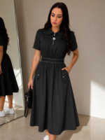 Robe longue élégante vintage d'été à col polo et taille élastique pour les loisirs