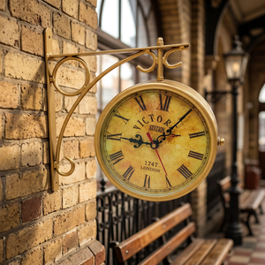 Victor Station Brass Double Sided Hanging Wall <b>Clock</b> Industrial <b>Vintage</b> Round Metal Analog - Product Image 2