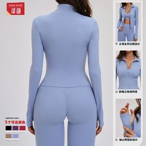 Veste de yoga pour femme EWT7025, manches longues, col montant, fermeture éclair, coupe ajustée, couleur unie bleue, vêtements de sport et de fitness pour l'extérieur - Product Image 5