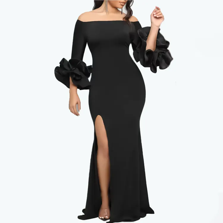 Nouvel arrivage de robe de printemps à épaules dénudées longue sexy jupe à manches volantées robe de soirée de banquet pour femmes dames