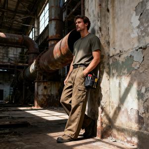 Pantalon cargo décontracté pour homme TKAN123D, coupe droite, en tissu peigné respirant, anti-plis, taille mi-haute, coupe ample, extensible, multi-poches - Product Image 1