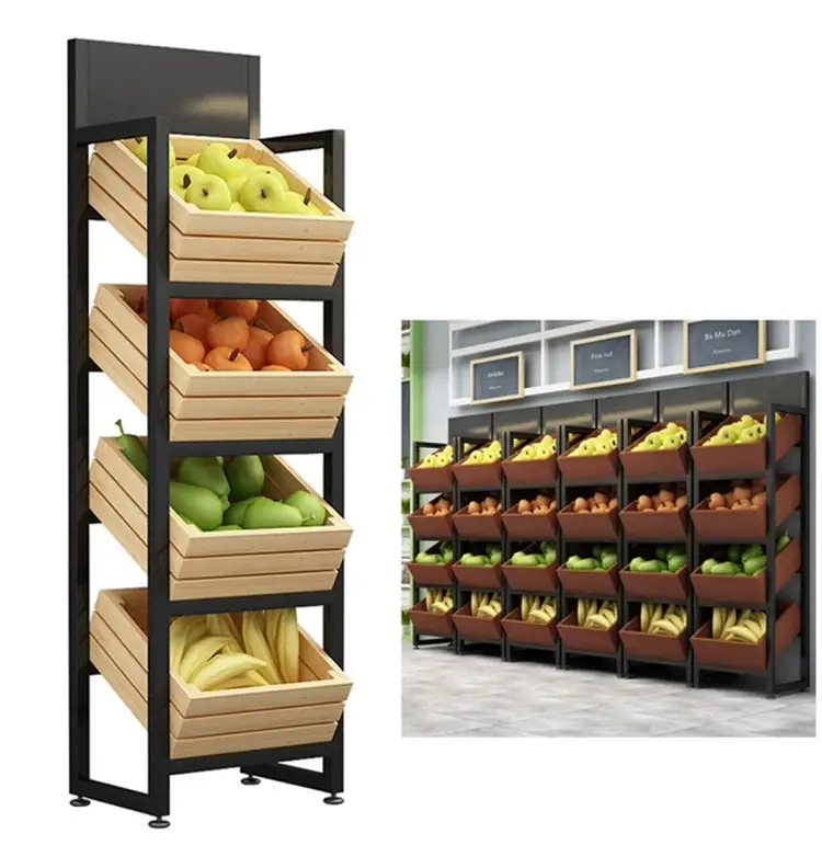 TMJ-2610 de Metal para exhibir frutas, estante de madera para exhibir verduras, equipamiento de supermercado, tienda minorista personalizada