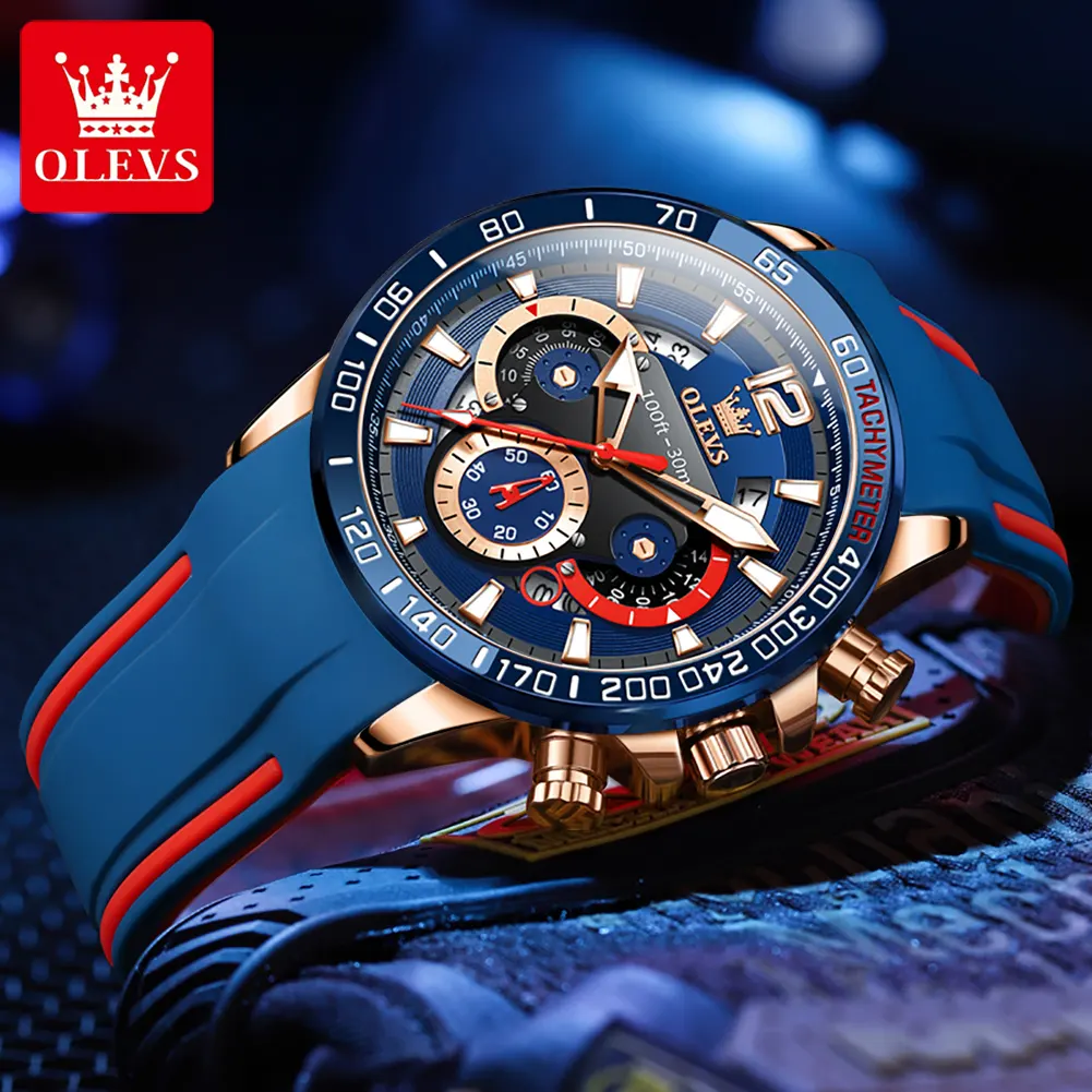 OLEVS 9936 Hot Selling Resee Brand Luminous function Red silica gel Wholesale quartz watch men