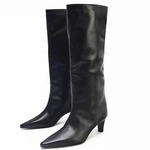 Suede Upper Long Booties Wide Fit Low Heels on Shoes Women's Pointed Toe Solid Knee High <b>Boots</b> - Product Image 5