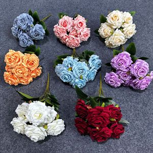 Bouquet artificiel de 7 roses diamant simulées, fleurs en soie pour décoration de sol de mariage, arrangement floral en plastique au toucher naturel - Product Image 2